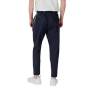 Navy blue drawstring tapered trousers with a decorative chain detail on the side seam for stylish comfort