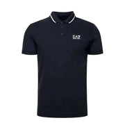 Navy blue EA7 polo shirt featuring white trim on the collar for men