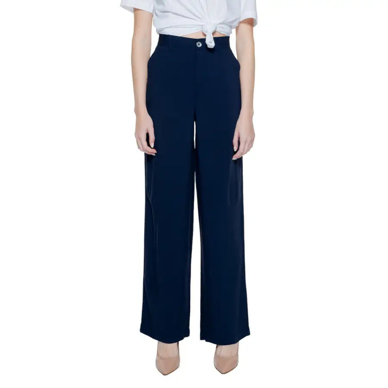 Navy blue high-waisted wide-leg viscose trousers for women from Street One