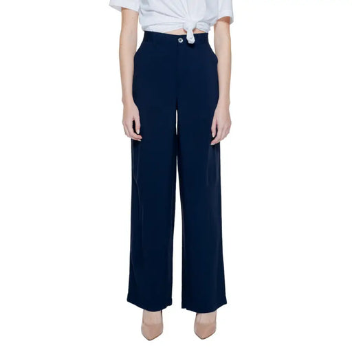 Navy blue high-waisted wide-leg viscose trousers for women from Street One
