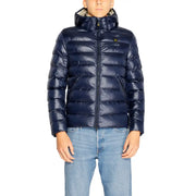 Navy blue quilted hooded puffer jacket with front zipper designed for cold weather outerwear