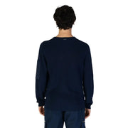 Navy blue long-sleeved knit sweater with zipper pocket for stylish cold weather wear
