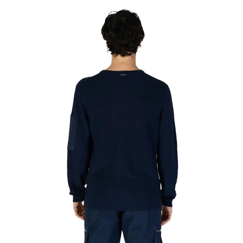 Navy blue long-sleeved knit sweater with zipper pocket for stylish cold weather wear