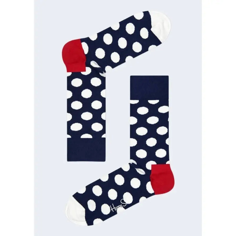 Navy blue polka dot socks with red and white accents displayed on product listing