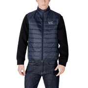 Navy blue puffer vest displayed on Black Quilted Vest with Knit Sleeves product page