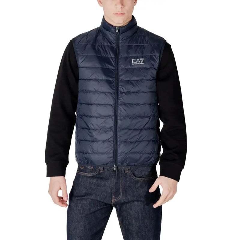 Navy blue puffer vest displayed on Black Quilted Vest with Knit Sleeves product page