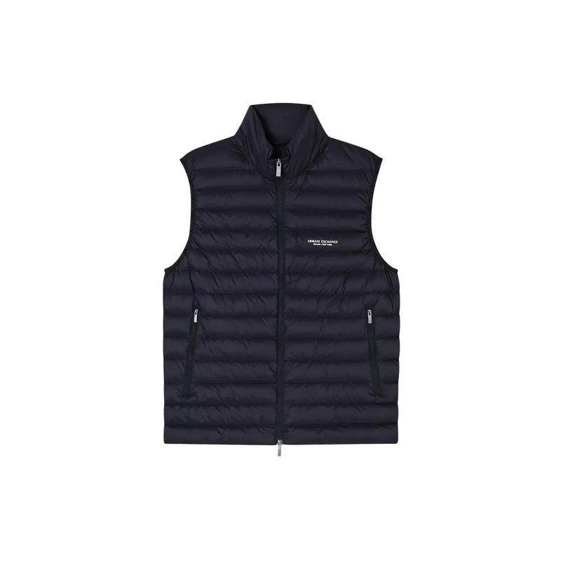 Marineblaue Steppweste mit hohem Kragen, Reißverschluss und zwei Seitentaschen armani exchange Logo auf der linken Brust