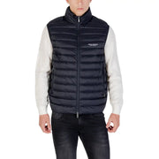 Navy blue quilted puffer vest with high collar front zipper and armani exchange logo on the chest