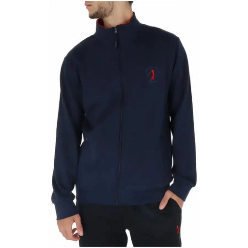 Marineblauer Pullover mit Viertelreißverschluss und rotem Logo aus der US Sweatshirts Kollektion