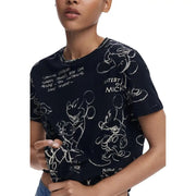 Navy blue Desigual women’s round neck cotton T-shirt with white Mickey Mouse sketches