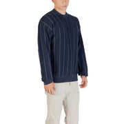 Navy blue striped knit sweater displayed in the Navy Blue Striped Knit Sweater product image