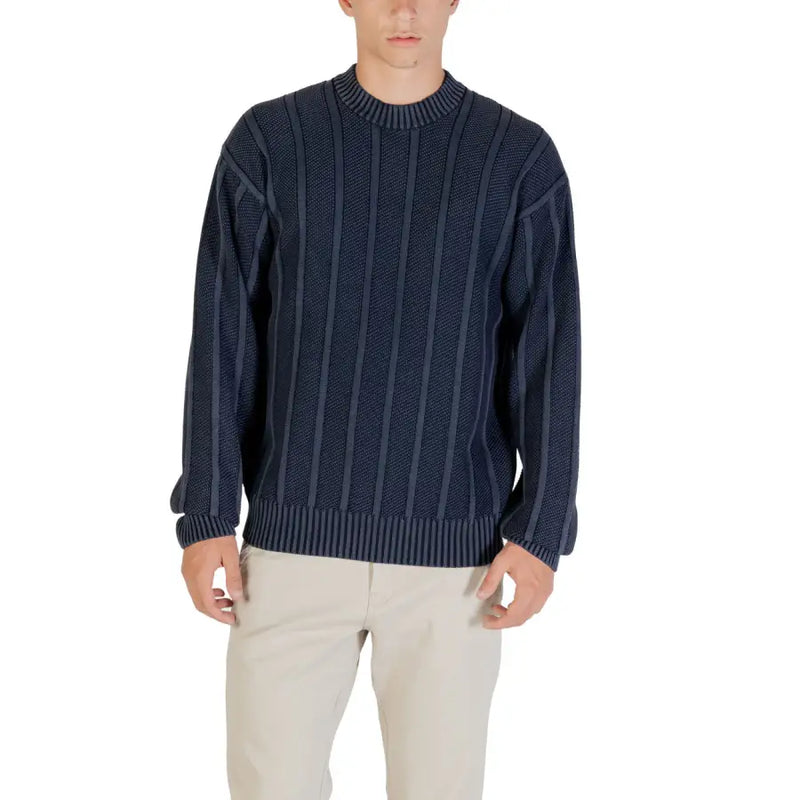 Navy blue striped knit sweater displayed in the product Navy Blue Striped Knit Sweater