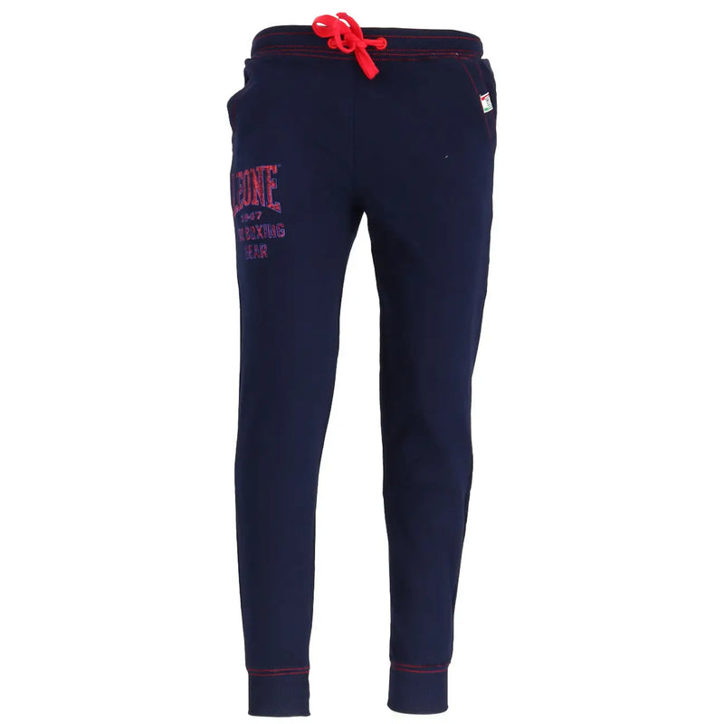 Navy blue sweatpants with red drawstring and embroidered branding on the thigh in soft comfortable fabric