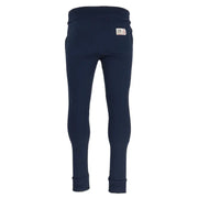 Navy blue cotton sweatpants shown from the back with a white label on the waistband for casual wear