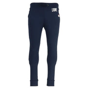 Navy blue leone 1967 jogger pants with white logo and small red tag on thigh in comfortable sweatpants material