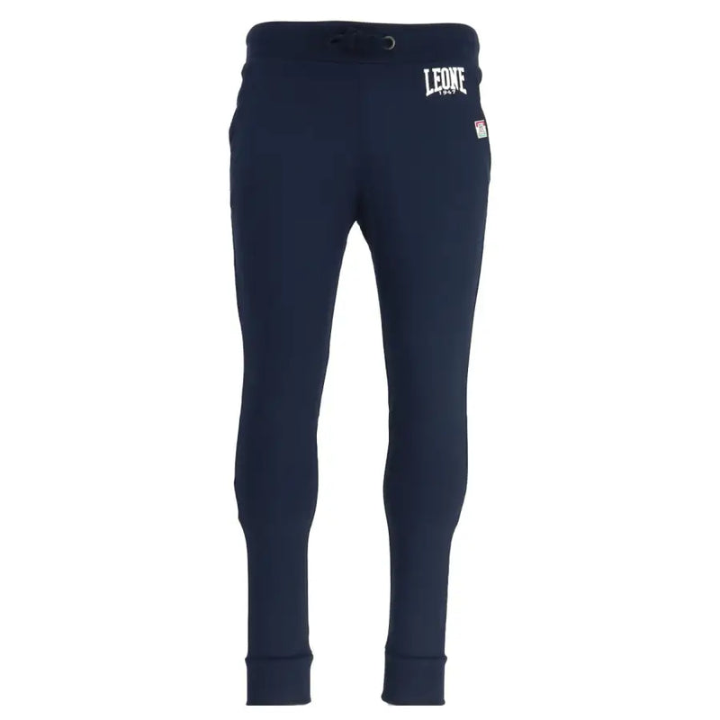 Navy blue leone 1967 jogger pants with white logo and small red tag on thigh in comfortable sweatpants material