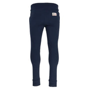 Navy blue cotton sweatpants shown from the back with a white label on the waistband for casual wear