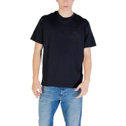 Navy blue short sleeve men’s T shirt displayed on a product page