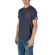 Navy blue short-sleeved t shirt with red graphic print on chest and small white tag on sleeve