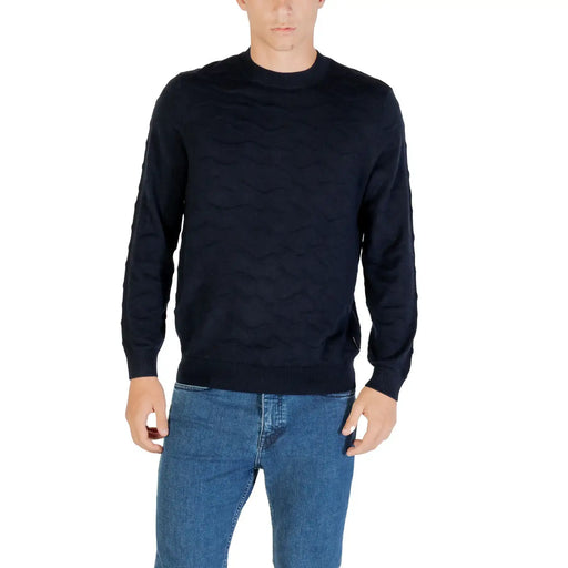 Navy Blue Textured Long Sleeve Sweater with crew neck design for men’s fashion