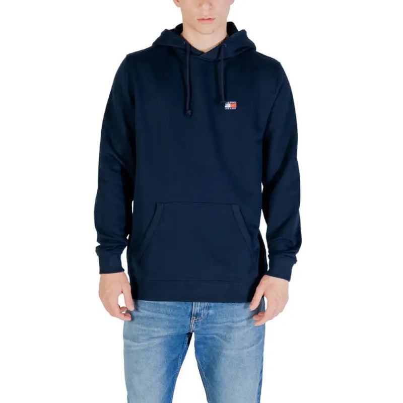Navy hooded sweatshirt displayed with Men Black Hooded Sweatshirt and Jeans product