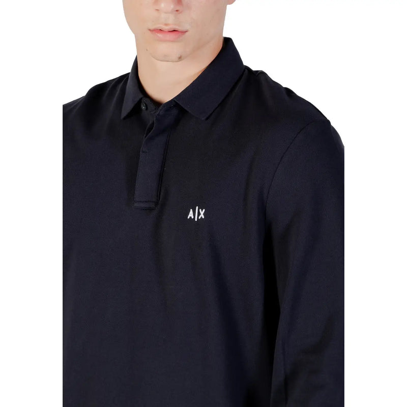 Navy long sleeved polo shirt featuring a black Armani Exchange fabric with a subtle white embroidered chest logo