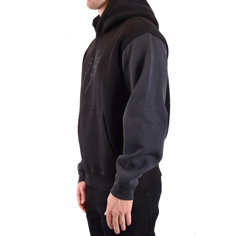 Schwarzer Herren-Hoodie von Neil Barrett aus Baumwolle mit zweifarbigem Design in Schwarz und Anthrazit und dezent gesticktem Blitz