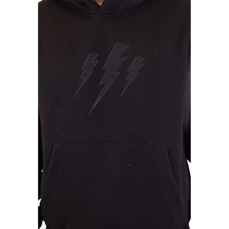 Neil Barrett Herren-Kapuzenpullover aus schwarzer Baumwolle mit dezentem dreifachem Blitzmotiv auf der Brust