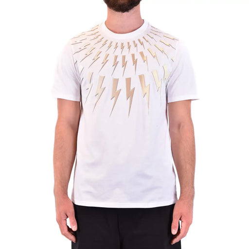Neil Barrett Herren weißes Kurzarmhemd t-shirt mit metallisch-goldenem Blitzmuster auf Brust und Schultern