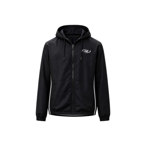 New balance Schwarzer Herrenblazer aus Polyester mit Kapuze, weißen Seitenstreifen und dezentem Logo auf der Brust, Vorderansicht