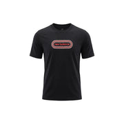 Black new balance men t-shirt with red and white outlined logo on the chest, made from comfortable fabric