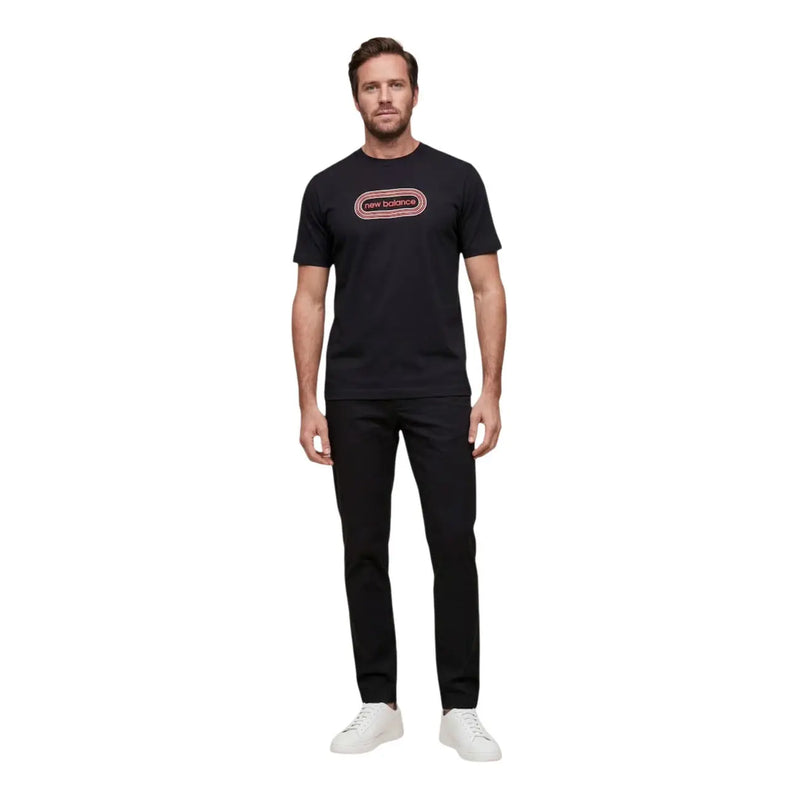 New balance men t-shirt in black featuring a pink and white logo on the chest for casual wear