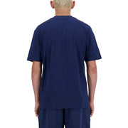 New Balance men t-shirt in navy blue featuring short sleeves and a comfortable cotton blend fabric