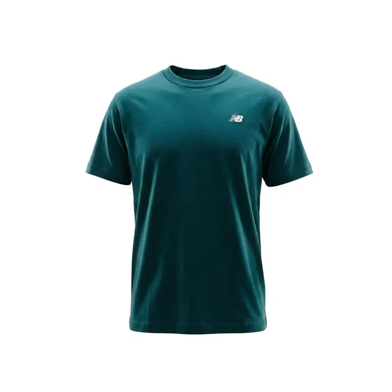 New Balance Herren-T-Shirt aus grüner Baumwolle, Kurzarm, Rundhalsausschnitt in Dunkelblaugrün mit kleinem weißen Logo auf der linken Brust