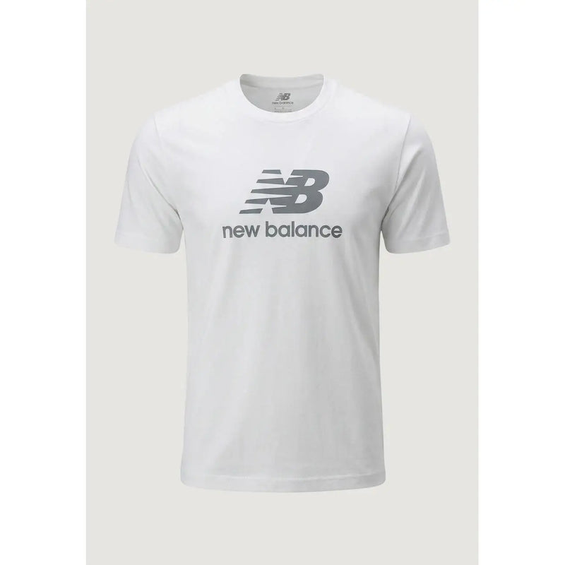 New Balance men t-shirt in white featuring a gray logo and text on the chest for casual wear
