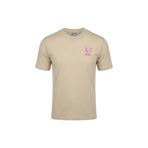 Beige New Balance men t-shirt with a small red cartoon graphic on the left chest, casual cotton material