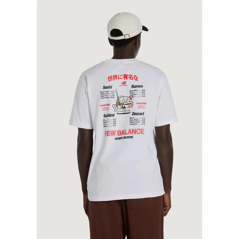 New Balance men t-shirt white with sushi and ramen menu design printed in red and black ink