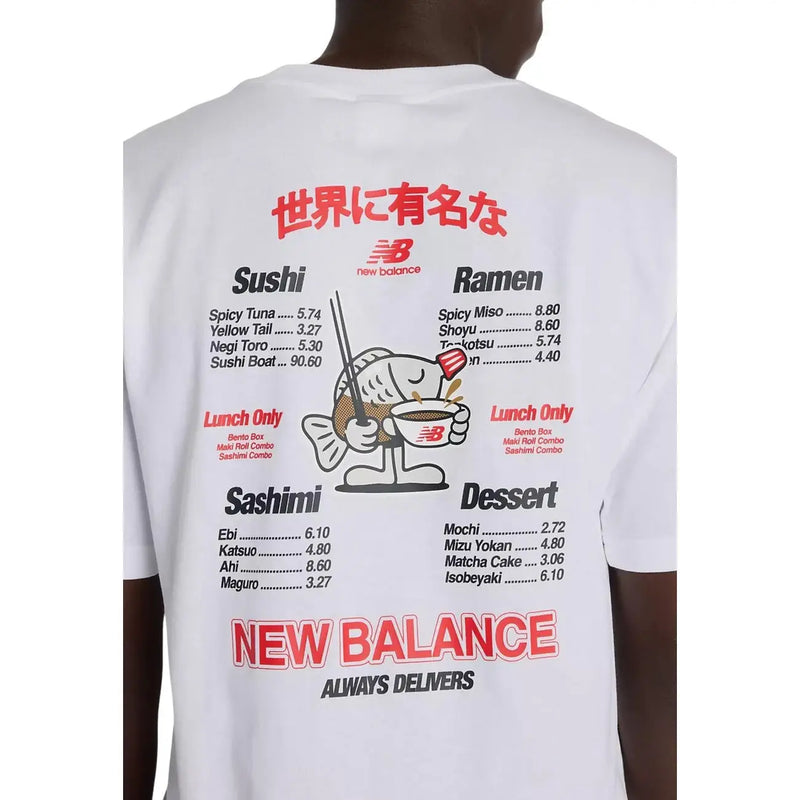 White new balance men t-shirt with playful sushi and ramen menu design in red text and black illustrations featuring the logo