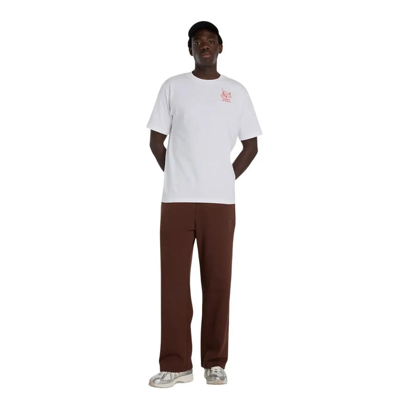 White short-sleeved New Balance men t-shirt with a small red graphic on the left chest for casual wear