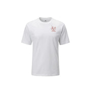 New Balance men t-shirt in white featuring a subtle red vintage radio graphic on the left chest