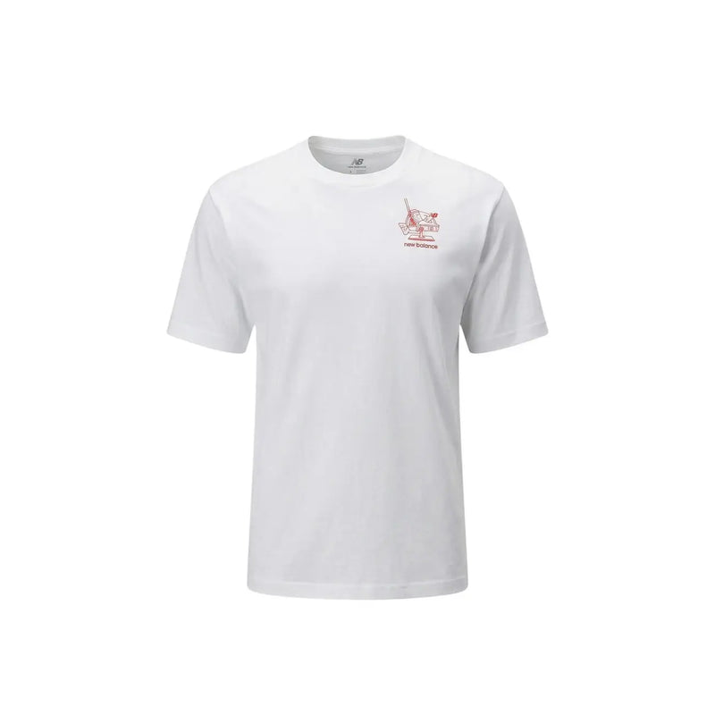 New Balance men t-shirt in white featuring a subtle red vintage radio graphic on the left chest