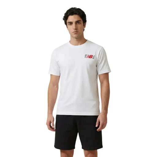 New Balance men t-shirt in white featuring a red and black logo on the chest made from breathable fabric