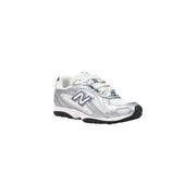 New Balance women blue slip on synthetic sneakers with silver and white mesh upper, black sole, and navy blue logo accents