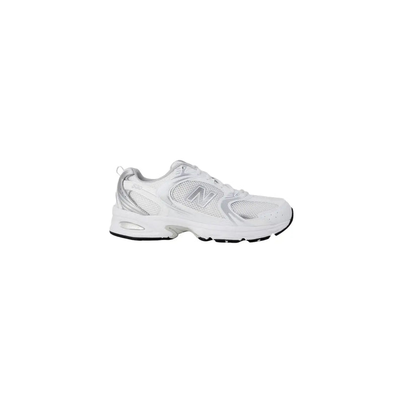New Balance women grey faux leather sneakers featuring white 530 sneaker with silver mesh and rubber accents