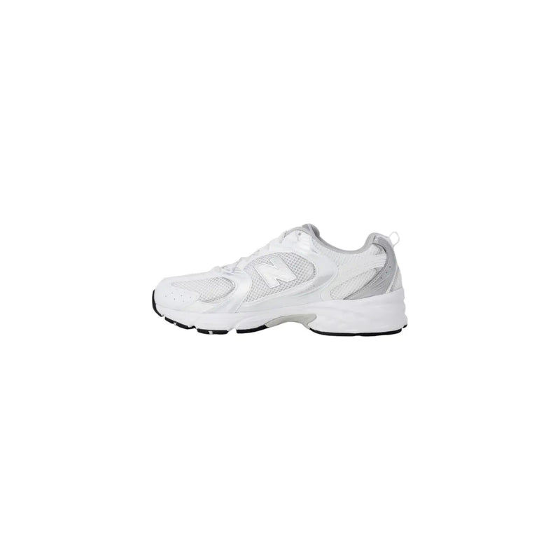 New Balance women grey faux leather sneakers with white and silver mesh upper and rubber sole