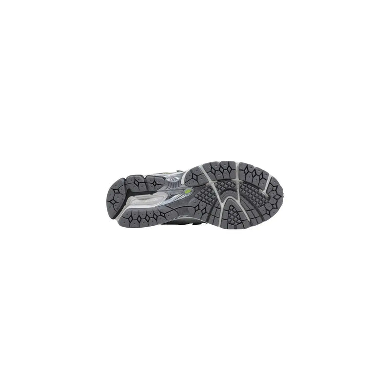 New Balance women grey synthetic sneakers with gray and silver running shoe design, textured rubber sole, and cushioning midsole