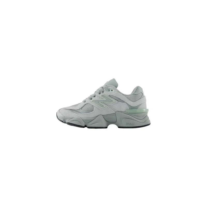 New Balance Women leather sneakers grey slip featuring gray 990v5 mesh and synthetic overlays with translucent green midsole accent