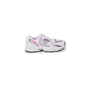 White and pink new balance women synthetic sneakers with mesh upper silver logo accent and chunky sole