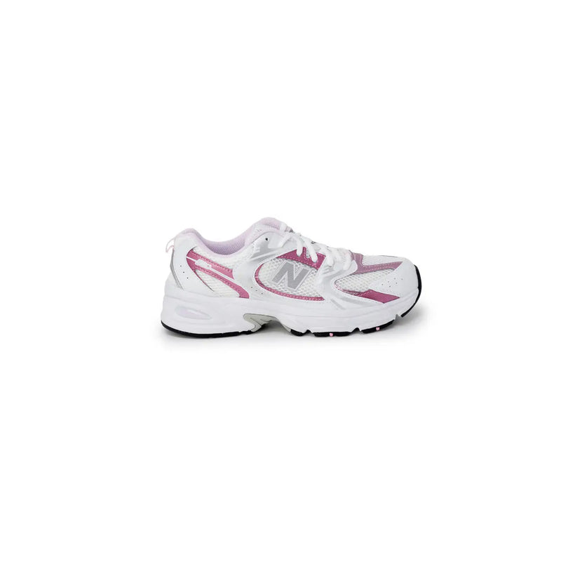 White and pink new balance women synthetic sneakers with mesh upper silver logo accent and chunky sole