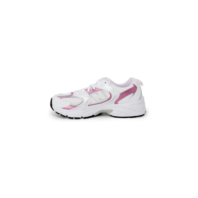 New Balance women pink synthetic sneakers with white and pink mesh panels and a chunky black rubber outsole